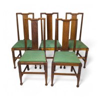 Morris & Co., Designed in the Offices of Richard Norman Shaw, Possibly by W. Lethaby. Five Arts & Crafts Oak Dining Chairs