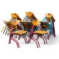 A Set of 35 Multi-coloured Stacking Tubular & Plywood Chairs Made by NF Mobilier of France