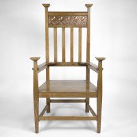 An Arts & Crafts Ash Wood Armchair with Square Caps & an Embossed Copper Panel - Thumbnail 2