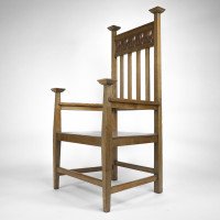 An Arts & Crafts Ash Wood Armchair with Square Caps & an Embossed Copper Panel - Thumbnail 19