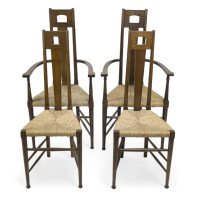 E. G. Punnett Attributed, for William Birch Set of Four Glasgow School Oak & Rush Chairs