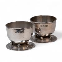 C. R. Ashbee GOH. Rare Pair of Arts & Crafts Handcrafted Hammered Silver Salts