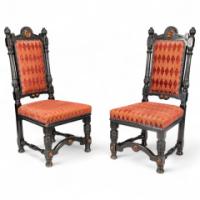 Lamb of Manchester. Rare pair of exhibition-quality Aesthetic Movement Ebonised Oak side chairs