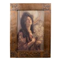Arts and Crafts Hammered Copper Frame with Pre-Raphaelite Print of Maiden Signed F. Van Hilda - Thumbnail 2