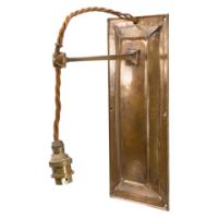 Birmingham Guild of Handicraft. A rare pair of Arts & Crafts patinated bronze wall lights with subtle raised decoration to the back plates and extending arms with oak wall frames - Thumbnail 5