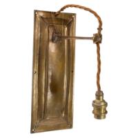 Birmingham Guild of Handicraft. A rare pair of Arts & Crafts patinated bronze wall lights with subtle raised decoration to the back plates and extending arms with oak wall frames - Thumbnail 3