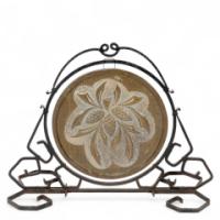 Arts & Crafts wrought iron dinner gong with brass central plate decorated with wheatsheaf design