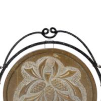 Arts & Crafts wrought iron dinner gong with brass central plate decorated with wheatsheaf design - Thumbnail 11