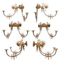 Arts & Crafts, c.1890 Set of Six Brass Wall Lights