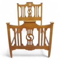 A Very Well-Crafted Slatted Oak Arts & Crafts Bed with Ying Yang Cut-outs