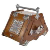 Dr. C. Dresser Attributed, Aesthetic Movement Walnut Coal Scuttle with Stylized Mounts
