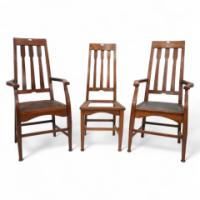 Two Glasgow-Style Arts & Crafts Oak Armchairs & Single Matching Dining Chair