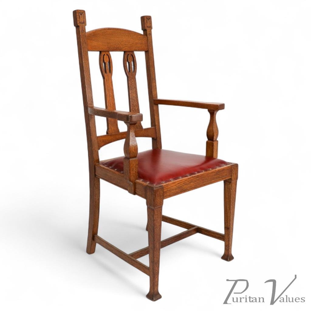 Shapland & Petter Substantial Arts & Crafts Oak Armchair with Floral Decoration - Image 1