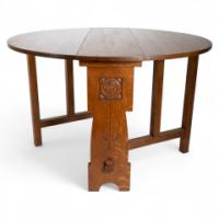 Liberty & Co., Arts & Crafts 1/4 Salon Oak Drop Leaf Table with Stylised Floral Carved Decoration - Thumbnail 1