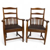 Walter Cave Attributed, Arts & Crafts Pair of Oak Armchairs with Curved Backs