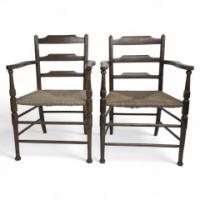 Morris & Co. A Rare Pair of Arts & Crafts Ladder Back Rush Seat Armchairs. - Thumbnail 1