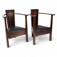 M. H. Baillie Scott a Pair of Arts & Crafts Armchairs With Foliate & Ribbon Inlays - Thumbnail 1