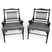 Jas Shoolbred Attributed, a Pair of Anglo-Japanese Ebonised Open Armchairs