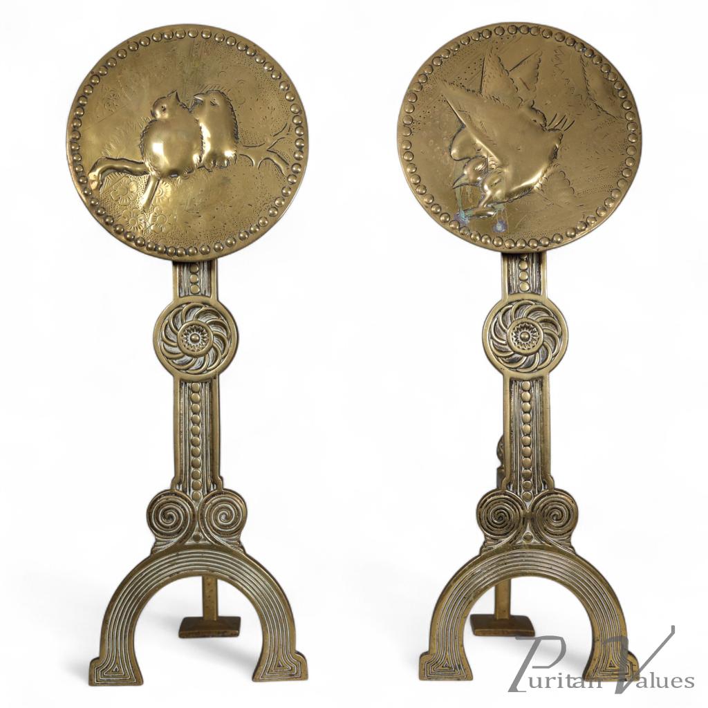 Thomas Jeckyll, attributed. A Pair of Anglo-Japanese Brass Fire Dogs with Love Birds - Image 1