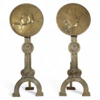 Thomas Jeckyll Attributed, a Pair of Anglo-Japanese Brass Fire Dogs with Love Birds
