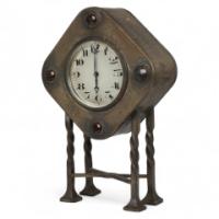Arts & Crafts Silver Plated Mantel Clock with Mottled Blue Ruskin Jewels