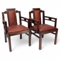 Sir Frank Brangwyn Attributed, Pair of Arts & Crafts Mahogany Armchairs Chinese Style