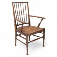 Liberty & Co. Attributed, Egyptian Style Thebes Armchair Original Rush Seated Armchair