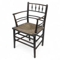 William Morris, Arts & Crafts Ebonised Rush Seat Sussex Armchair - Thumbnail 1