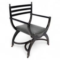 Richard Charles Aesthetic Movement Ebonised Elbow Chair with X Frame Stretcher - Thumbnail 1