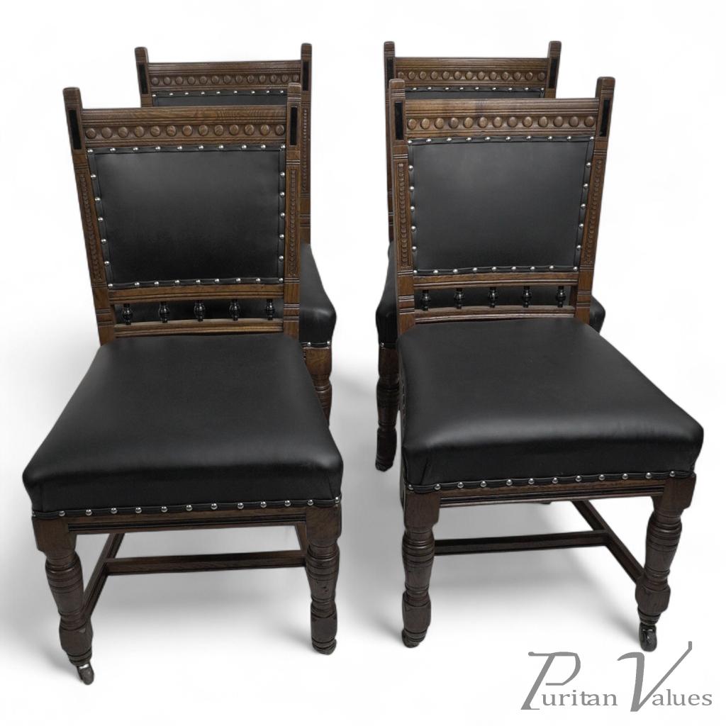 Lambs of Manchester a Set of Four Aesthetic Movement Oak & Leather Dining Chairs - Image 1