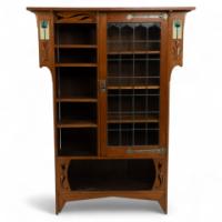 Arts & Crafts Oak Glazed Bookcase with inset period tiles - Thumbnail 1