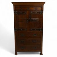 Arts & Crafts Oak Linen Press by Liberty & Co. with Fleur De Lys carved details - Thumbnail 1