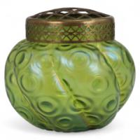 Loetz Attributed, a Green Swirl Glass Flower Holder with Decorative Brass Top - Thumbnail 1