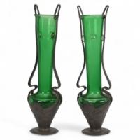 Osiris Pewter. A Pair of Art Nouveau Pewter and Green Glass Twin-Handled Vases