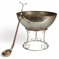 Arts & Crafts Style Silver-Plated Punch Bowl on Scroll Stand with Ladle