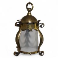 Arts & Crafts, Hammered Brass Lantern with Opaque Ribbed Glass Liner, c.1905