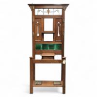 An Arts & Crafts Oak hallstand with leaded glass panel to top - Thumbnail 1
