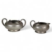 Liberty & Co., English Pewter 0966 Arts & Crafts Pewter Milk and Sugar Bowl - Thumbnail 1