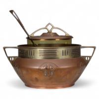 Carl Deffner. An Early Secessionist Style Copper & Brass Punch Bowl & Lid - Thumbnail 1