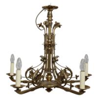 Dr. Christopher Dresser, In the manner of., Rare Aesthetic brass five-arm chandelier