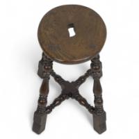 An Aesthetic Movement Elm Stool with a 'S' Handle, & Wild Grain to the Seat - Thumbnail 1