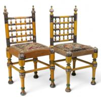 Indian Rajasthani a Pair of Polychrome Painted Chairs with Gilt Chord Embroidery - Thumbnail 1