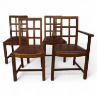 Heal's of London Attributed, a Set of Three Arts & Crafts Lattice-back Chairs with Matching Armchair - Thumbnail 1