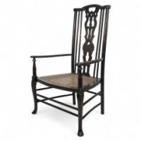 Liberty & Co. attributed. A Queen Anne style fretwork back cane seat Armchair - Thumbnail 1