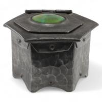 Liberty & Co., Style of. Arts & Crafts Pewter Inkwell with a Green Ruskin Jewel & Original Ink Liner