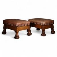 Pair of Aesthetic Movement Oak Thebes Stools, Leather Studded, c.1890