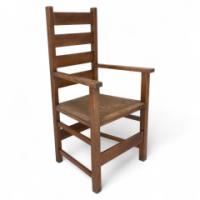 Baillie Scott for J. P. White. Oak Arts & Crafts Rush Seat Ladder Back Armchair - Thumbnail 1