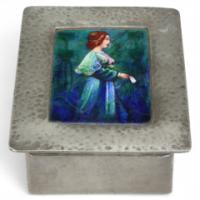 Liberty & Co., an Arts & Crafts Pewter Box with an Enamel Maiden to the Lid