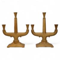 A Well-Crafted Pair of Subtle Gothic Revival Hand Crafted Beech Candelabras