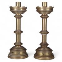 Jones & Willis, Pair of Gothic Revival Heavy Brass Castellated Candlesticks